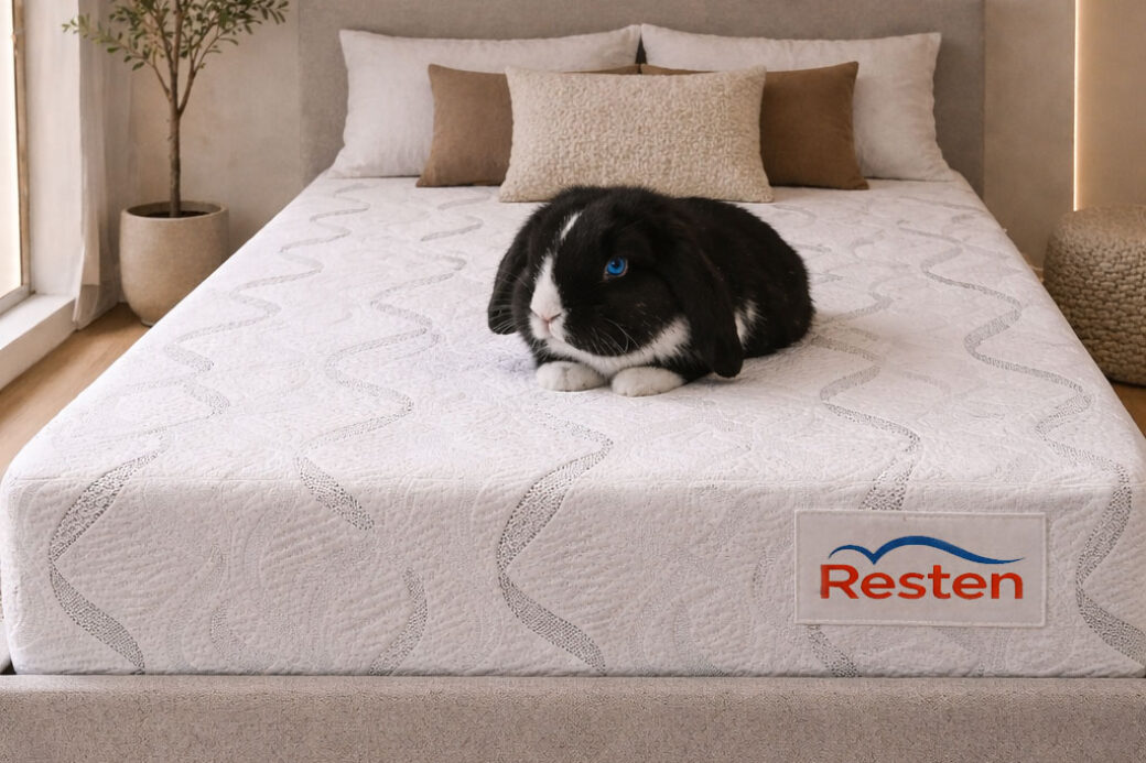 Rabbit resting on top of a Resten mattress in a beige bedroom