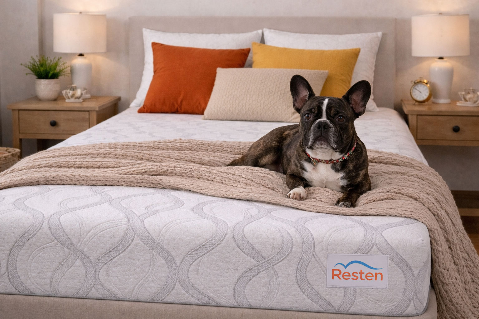 Resten mattress with decorative pillows and a dog resting on top
