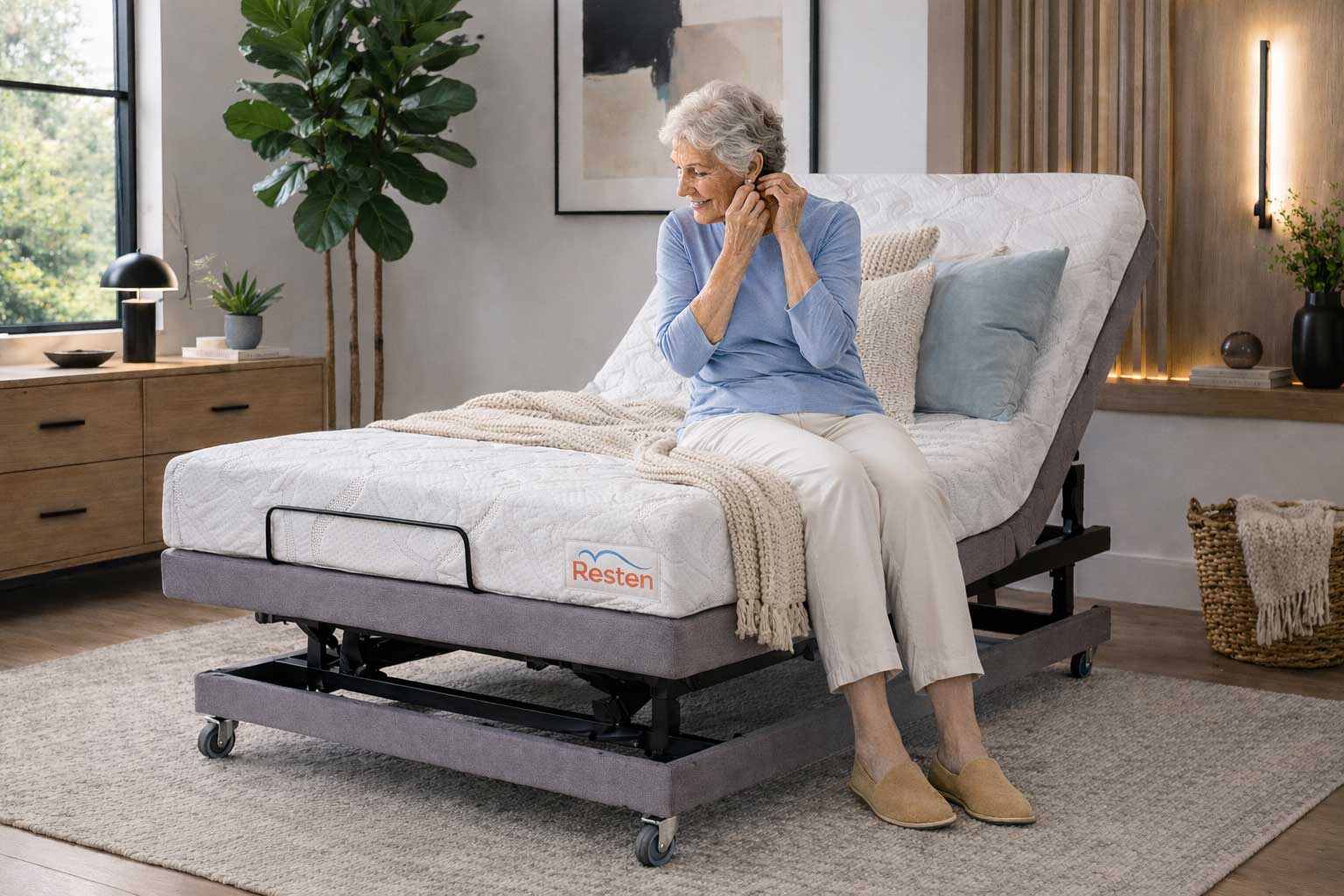Senior woman sitting on Resten Hi-Lo bed with the bottom extended